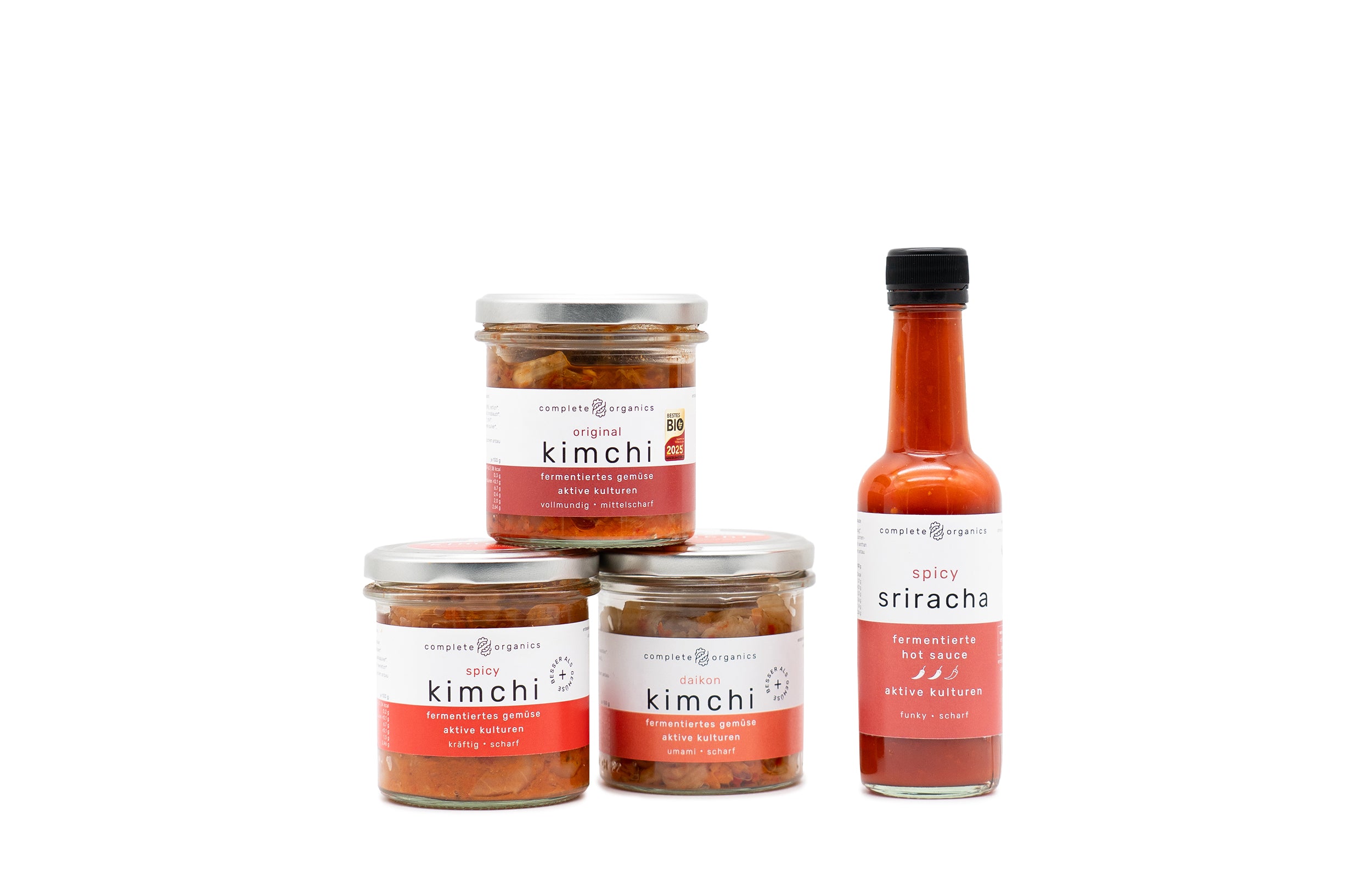fermentiertes Gemüse: original kimchi, spicy kimchi und daikon kimchi, fermentierte Hot Sauce: spicy sriracha