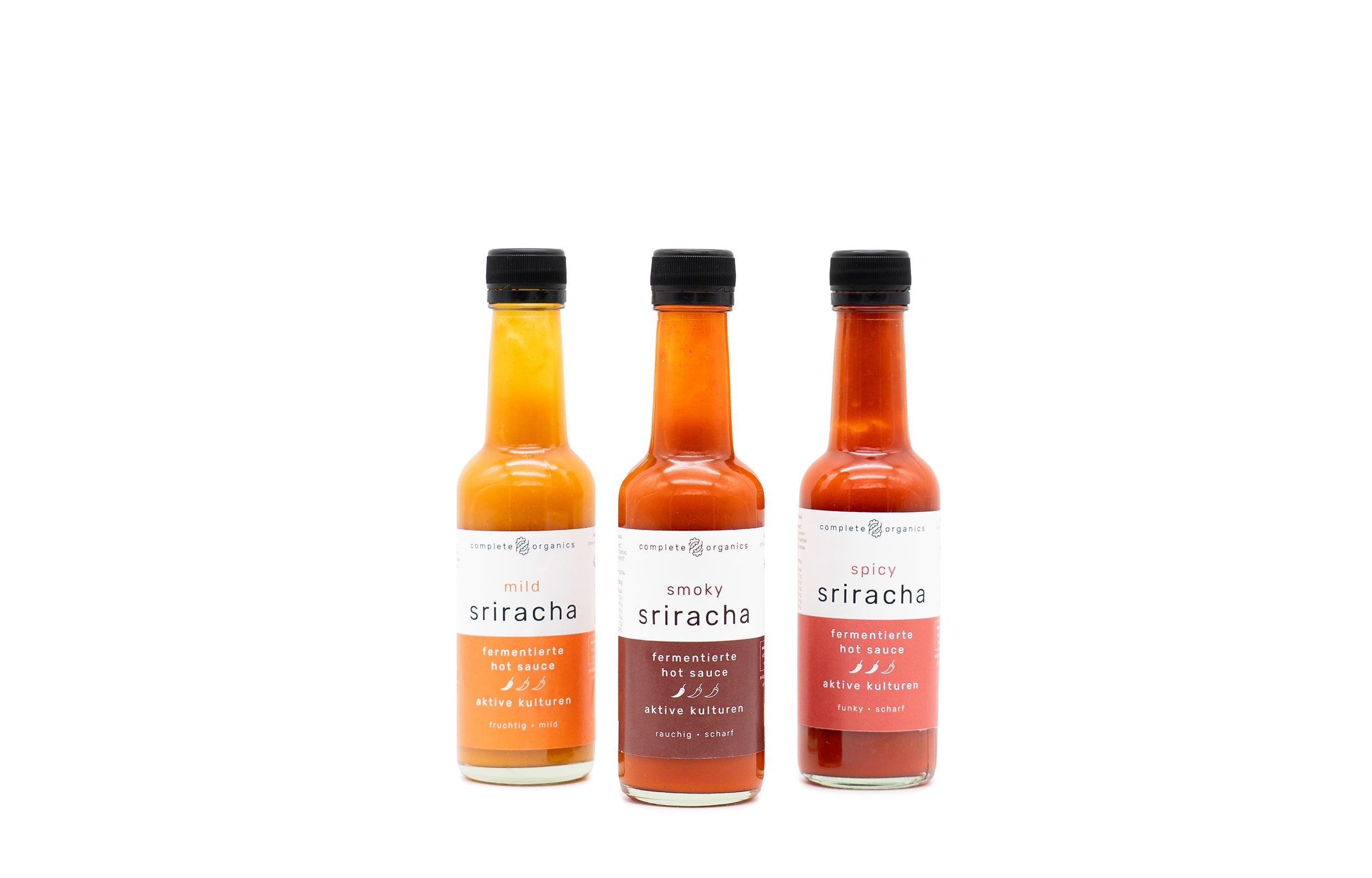 fermentierte Hot Sauces: mild sriracha, smoky sriracha und spicy sriracha